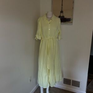 Light Yellow Button-Front Shirt Dress with Waist Tie